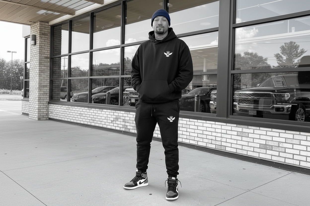 Grayscale version of hoodie and sweatpants lifestyle photo