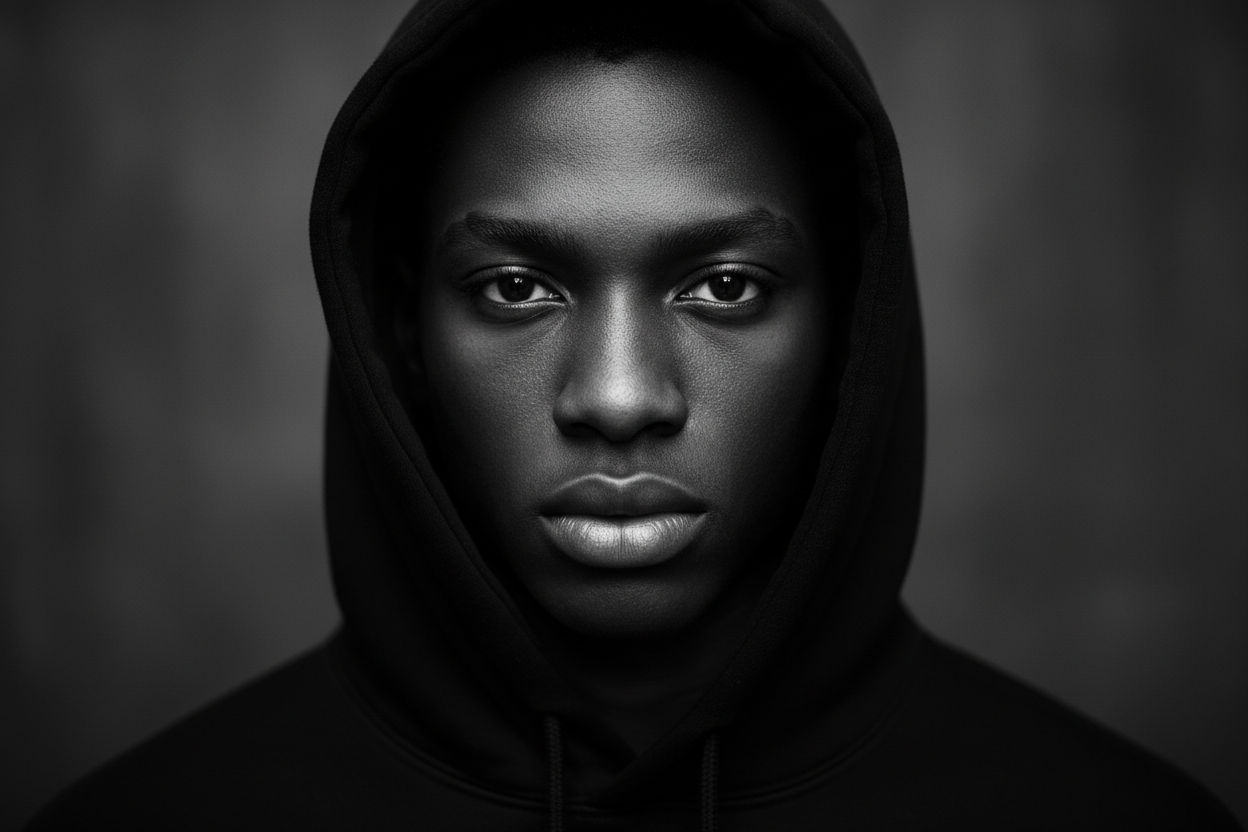 Young African american black male model looking directly into camera wearing an all black hoodie. image must be in black and white.